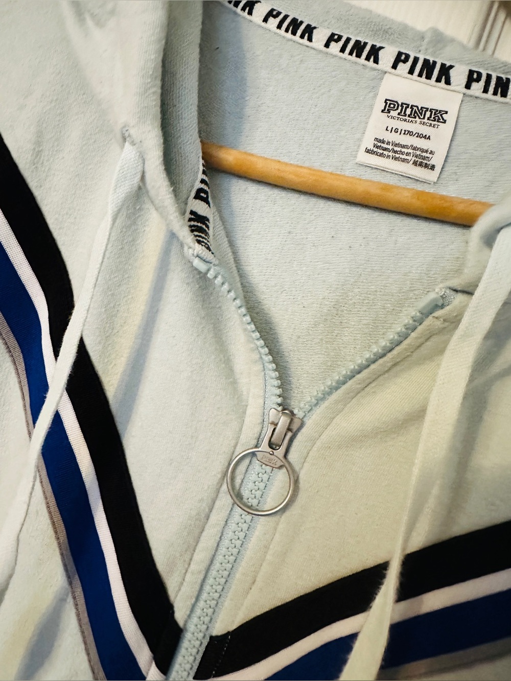 Victoria's Secret PINK Light Blue Hoodie with Navy & Black Stripes*Vintage~UC*